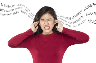 Portrait of a teenage girl with text against white background