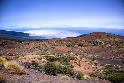 Scenic view of mountains against blue sky