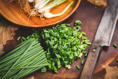 High angle view of chopped vegetables on cutting board
