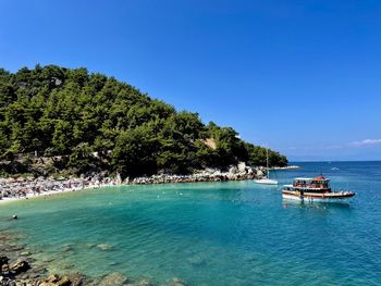 Scenic view of sea against clear blue sky