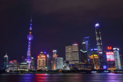 Illuminated buildings in city at night