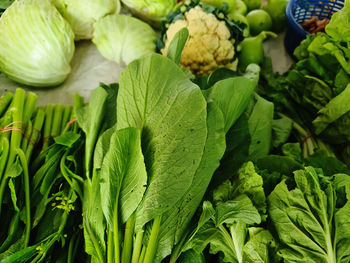 Close-up pile of fresh green vegetables for sale at market stall
