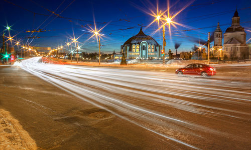 Traffic light trails on city street at night tula, russia