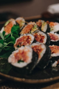 Close-up of sushi served in plate