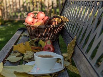 High angle view of apples in basket on table