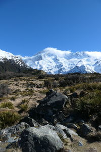 Scenic view of snowcapped mountains against blue sky