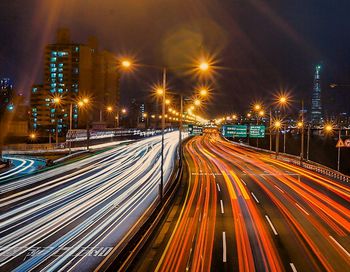 Light trails on road at night