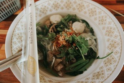 High angle view of soup served in bowl