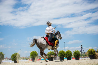 Man riding statue by trees against sky