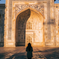 Rear view of man standing in historic building