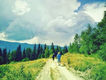 Rear view of man walking on road in forest