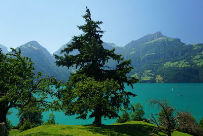 Scenic view of lake and mountains against clear blue sky