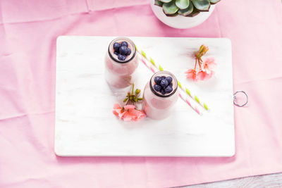 High angle view of ice cream in plate on table