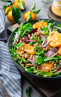 High angle view of vegetables in bowl on table