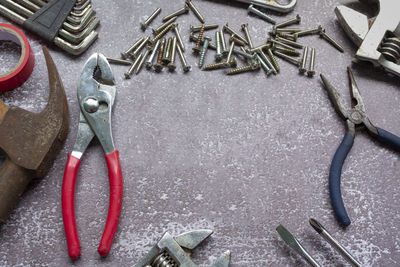 High angle view of work tools on table