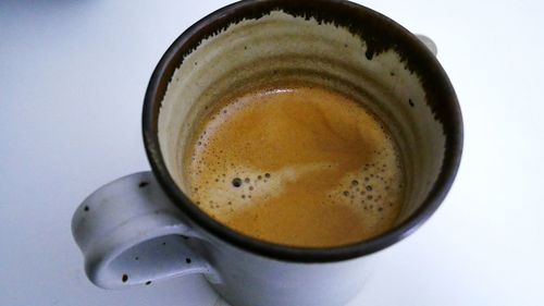 High angle view of coffee cup against white background