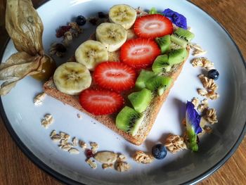 High angle view of breakfast served on table