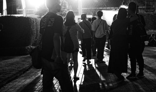 Rear view of people walking on street at night