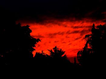 Low angle view of silhouette trees against dramatic sky