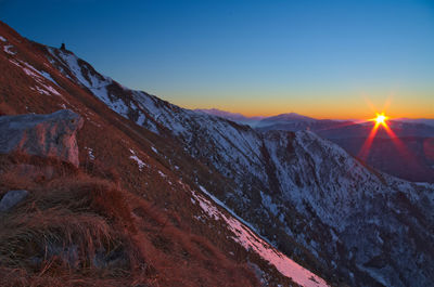 Scenic view of snow mountains against sky during sunset