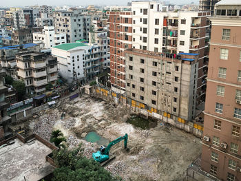 High angle view of buildings in city during winter