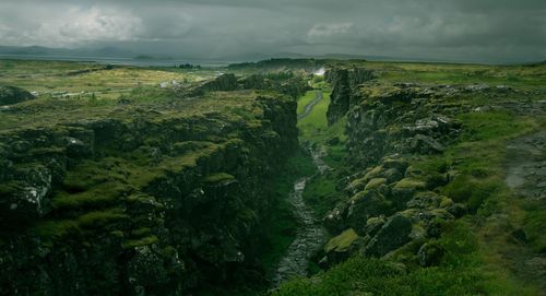 Scenic view of green landscape against sky