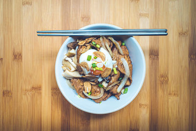 High angle view of food in plate on table