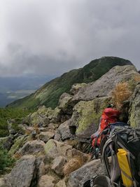 Rear view of people on rock by mountains against sky