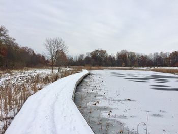 Scenic view of snow covered field against sky
