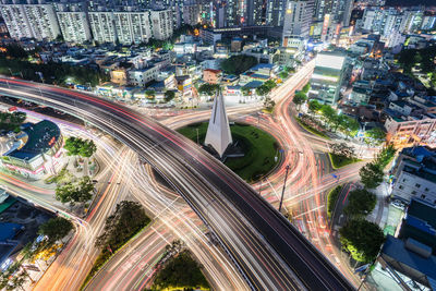 Aerial view of illuminated road at night