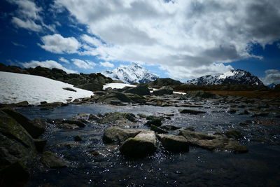 Scenic view of snowcapped mountains and river against sky