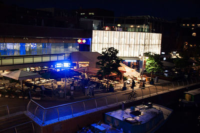 High angle view of illuminated restaurant at night