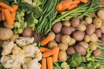 High angle view of various vegetables in market for sale