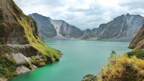 Scenic view of lake against cloudy sky