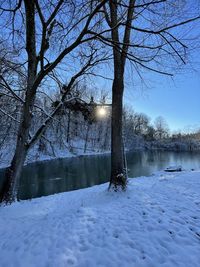 Snow covered bare trees by lake against sky during winter