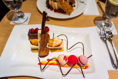 High angle view of dessert served on table