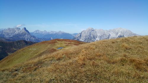 Scenic view of landscape against clear blue sky