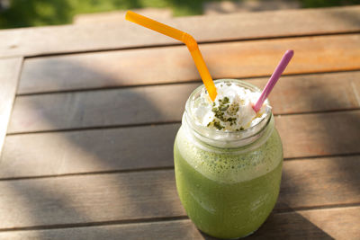 Close-up of smoothie in mason jar on table