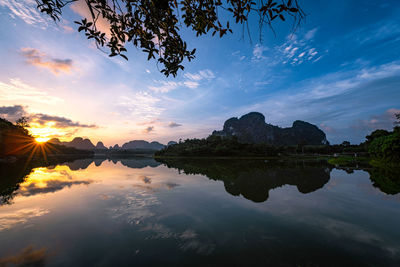 Scenic view of lake against sky at sunset