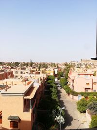 High angle view of townscape against clear sky