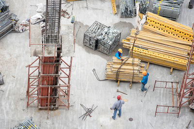 High angle view of workers working at construction site