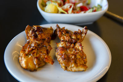 High angle view of food in plate on table