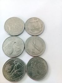 Close-up of coins on white background