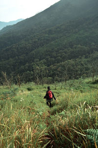 Man on grassy field against mountains