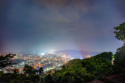 High angle view of illuminated cityscape against sky