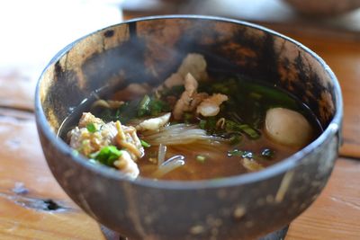 High angle view of soup in bowl on table