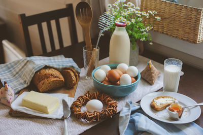 High angle view of breakfast on table