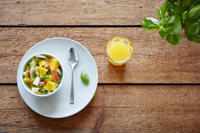 High angle view of breakfast served on table