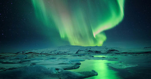 Scenic view of aurora borealis over landscape against sky at night