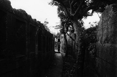 Narrow alley along buildings